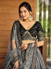 Women’s Sequin Embroidered Lehenga Choli Set with Net Dupatta, Silver Zari Work A-Line Ethnic Indian Traditional Party Wear Outfit