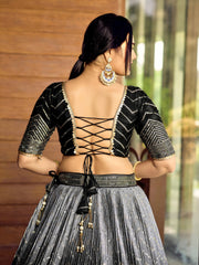 Women’s Sequin Embroidered Lehenga Choli Set with Net Dupatta, Silver Zari Work A-Line Ethnic Indian Traditional Party Wear Outfit
