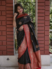 Black Silk Saree for Women with Gold Butti Design and Rich Red Jacquard Zari Border