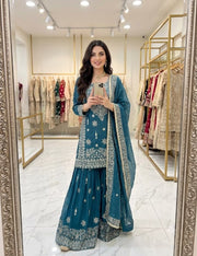 Women’s Teal Embroidered Kurta Sharara Set with Dupatta