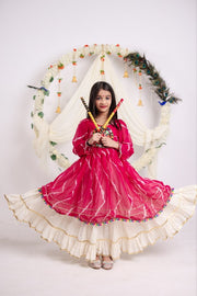 Indian Lehenga Choli Set with Pink Bandhani Printed Top and Cream Flared Lehenga Skirt