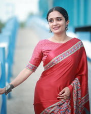 Women’s Ready to Wear Crape Silk Saree, Red Printed Stitched Saree with Traditional look