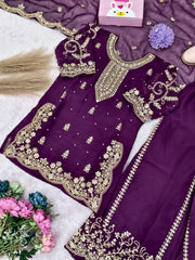 Girls Purple Embroidered Kurta Palazzo Set with Dupatta
