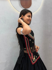 Women’s Black Lehenga Choli Set, Traditional Indian Ethnic Wear with Embroidered Mirror Work