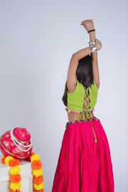 Girls Traditional Indian Lehenga Choli Set with Pink Flared Skirt and Green Embroidered Blouse
