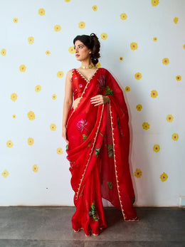 Women’s Red Floral Printed Saree with Embroidered Border