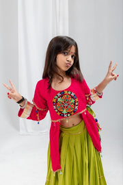 Traditional Indian Lehenga Choli Set with Green Flared Lehenga Skirt, Pink Printed Jacket Top