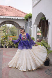 Women’s Embroidered Black Peplum Kurti with White Flared Lehenga Skirt