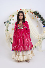 Indian Lehenga Choli Set with Pink Bandhani Printed Top and Cream Flared Lehenga Skirt