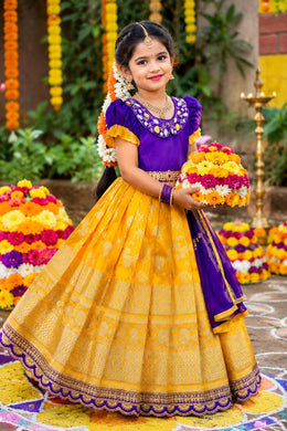 Girls Traditional Kerala Lehenga Choli Set – Silk Finish Digital Print Festive Wear.