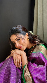 Purple and Green Silk Saree for Women with Traditional Jacquard Woven Design