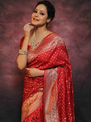 Red Banarasi Silk Saree for Women with All Over Woven Butti Design