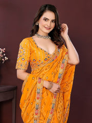 Saree for Women with Digital Print, Embroidery Work Border and Heavy Embroidered Blouse