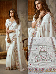 Women’s White Embroidered Saree with Floral Border and Printed Motifs