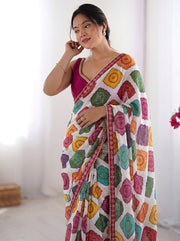 Bandhani Print Saree for Women with White Traditional Pattern and Border