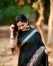 Women’s Ready to Wear Crape Silk Saree, Black Printed Stitched Saree with Red Floral