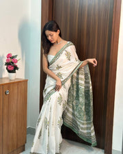 Women’s White Printed Mul Cotton Ready-to-Wear Saree with Green Printed Border