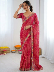 Women’s Green Bandhani Print Saree with Embroidery Work Border