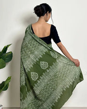 Women’s Ready to Wear Mul Cotton Saree with Pocket, Green Printed Stitched Saree