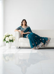 Teal Blue Embroidered Designer Saree – Indian Wedding Guest & Party Wear Saree