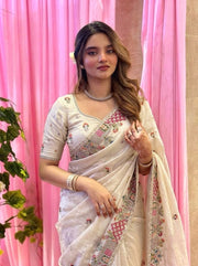 Ivory Tissue Silk Saree – Heavy Embroidered Indian Wedding & Party Wear Saree