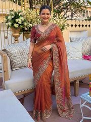 Rust Orange and Off White Embroidered Designer Saree – Indian Wedding Guest & Party Wear Saree