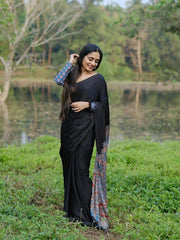 Women’s Ready to Wear Crape Silk Saree, Black and Blue Printed Stitched Saree