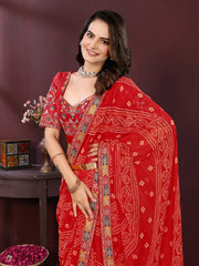 Saree for Women with Digital Print, Embroidery Work Border and Heavy Embroidered Blouse