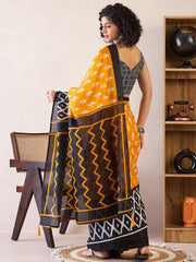 Women’s Ready to Wear Cotton Saree, Mustard Yellow and Black Printed