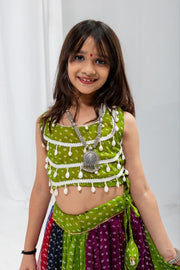 Girls Traditional Bandhani Printed Lehenga Choli Set with Dupatta, Multicolor Indian Ethnic Wear