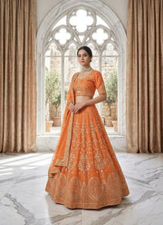Women’s Orange Embroidered Lehenga Choli Set with Dupatta, Traditional