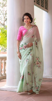 Women’s Ready to Wear Chiffon Silk Saree, Mint Green Floral Printed Stitched Saree