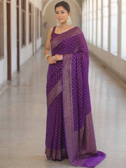 Banarasi Silk Saree for Women with All Over Woven Butti Design and Rich Jacquard Border