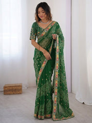 Women’s Green Bandhani Print Saree with Embroidery Work Border