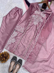 Women’s Mauve Embroidered Silk Kurta Pant Set with Dupatta