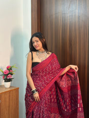 Women’s Wine Red Mul Cotton Printed Saree with Traditional Patterned Border