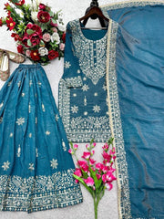 Women’s Teal Embroidered Kurta Sharara Set with Dupatta