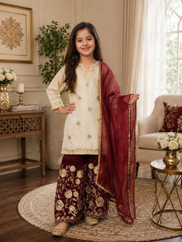 Girls Embroidered Sharara Suit Set with Dupatta