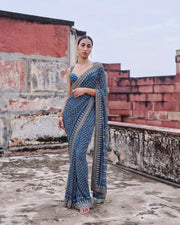 Women’s Blue Printed Saree with Decorative Border, Traditional Indian Ethnic Wear