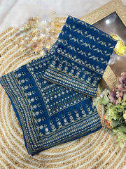 Women’s Blue Printed Saree with Decorative Border, Traditional Indian Ethnic Wear