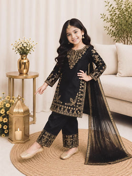 Girls Black Embroidered Kurta Palazzo Set with Dupatta
