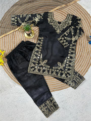 Girls Black Embroidered Kurta Palazzo Set with Dupatta