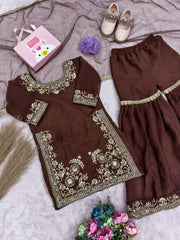 Girls Brown Embroidered Sharara Suit Set with Dupatta