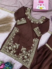 Girls Brown Embroidered Sharara Suit Set with Dupatta
