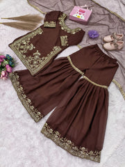 Girls Brown Embroidered Sharara Suit Set with Dupatta