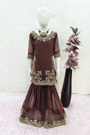 Girls Brown Embroidered Sharara Suit Set with Dupatta