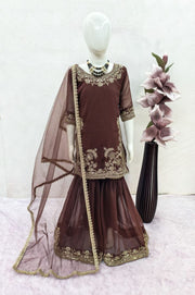 Girls Brown Embroidered Sharara Suit Set with Dupatta