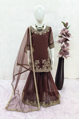 Girls Brown Embroidered Sharara Suit Set with Dupatta