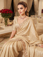 Champagne Gold Kanjivaram Silk Saree – Beaded Embroidered Wedding & Bridal Saree