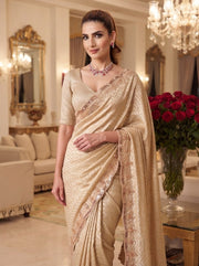 Champagne Gold Kanjivaram Silk Saree – Beaded Embroidered Wedding & Bridal Saree